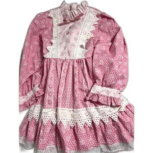 Miniworld Vintage Girl's dress Prarie Traditional Pinafore 70s Lace 4 Pink Ivory